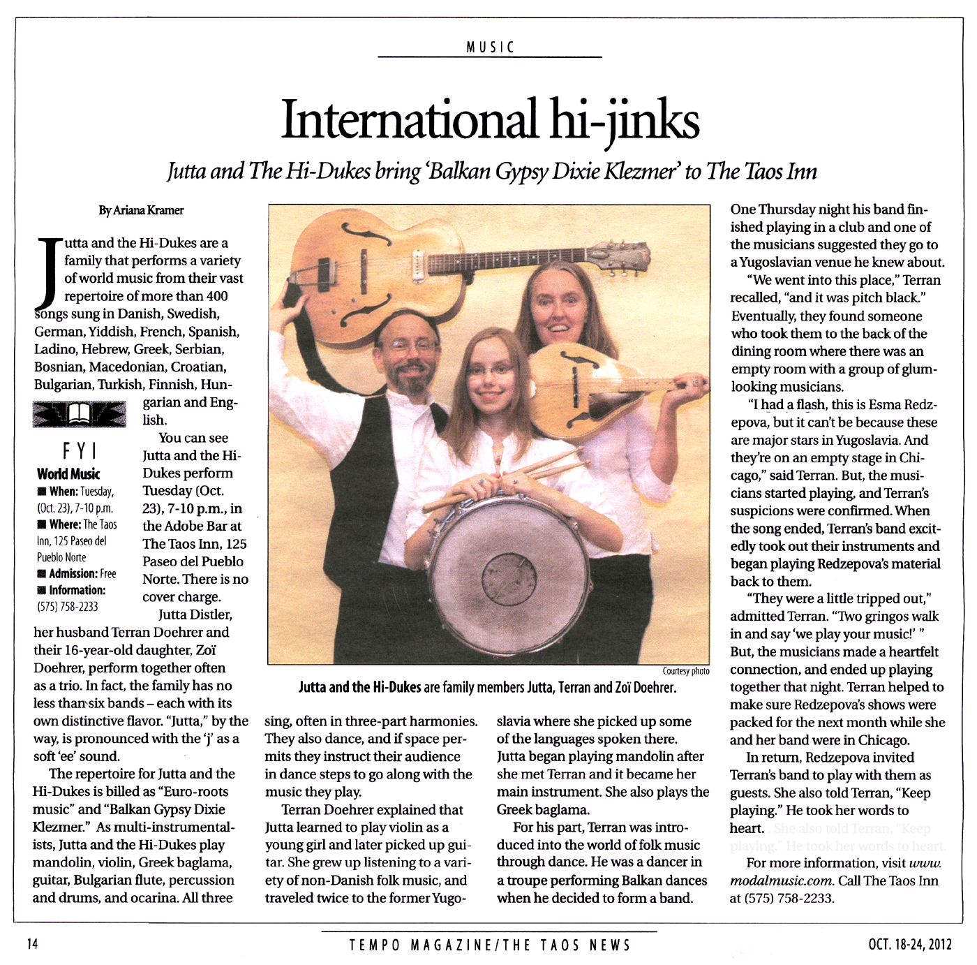 Image of the Taos News Tempo Magazine October 18, 2012 clipping about Jutta & the Hi-Dukes (tm) Design © 2013 Modal Music, Inc. (tm) All rights reserved.